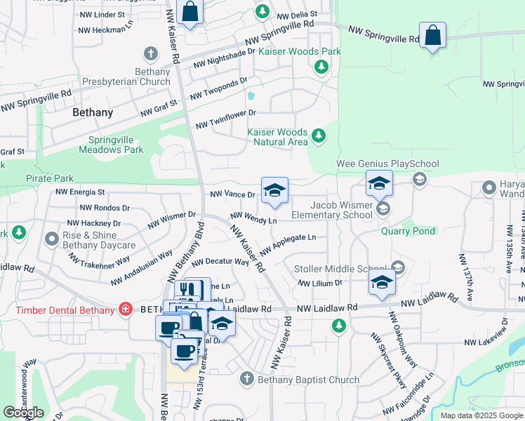 map of restaurants, bars, coffee shops, grocery stores, and more near 5550 Northwest 150th Avenue in Portland