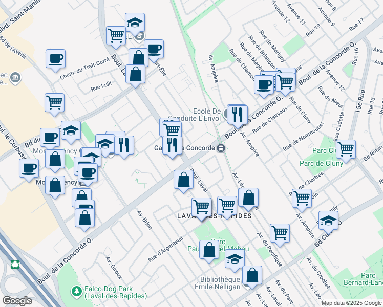 map of restaurants, bars, coffee shops, grocery stores, and more near in Laval