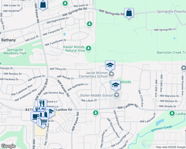 map of restaurants, bars, coffee shops, grocery stores, and more near 5604 Northwest 146th Avenue in Portland