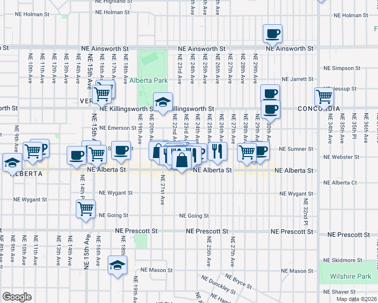 map of restaurants, bars, coffee shops, grocery stores, and more near 5138 Northeast 23rd Avenue in Portland
