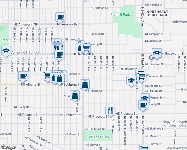 map of restaurants, bars, coffee shops, grocery stores, and more near 5123 Northeast 35th Avenue in Portland