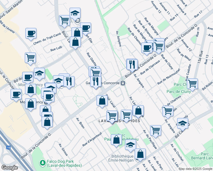 map of restaurants, bars, coffee shops, grocery stores, and more near 1299 Boulevard de la Concorde Ouest in Laval