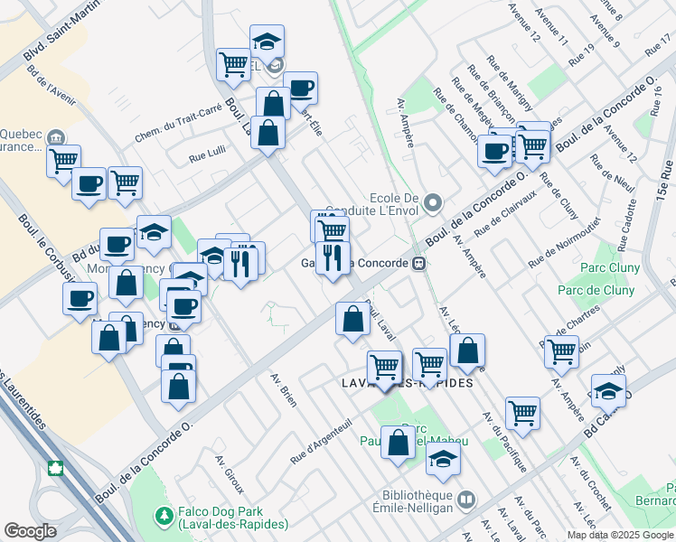 map of restaurants, bars, coffee shops, grocery stores, and more near 410 Boulevard Laval in Laval
