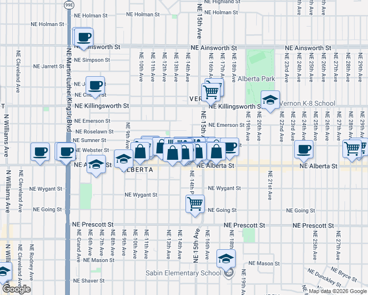 map of restaurants, bars, coffee shops, grocery stores, and more near 5019 Northeast 14th Avenue in Portland