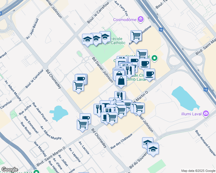 map of restaurants, bars, coffee shops, grocery stores, and more near 3105 Promenade du Quartier-Saint-Martin in Laval