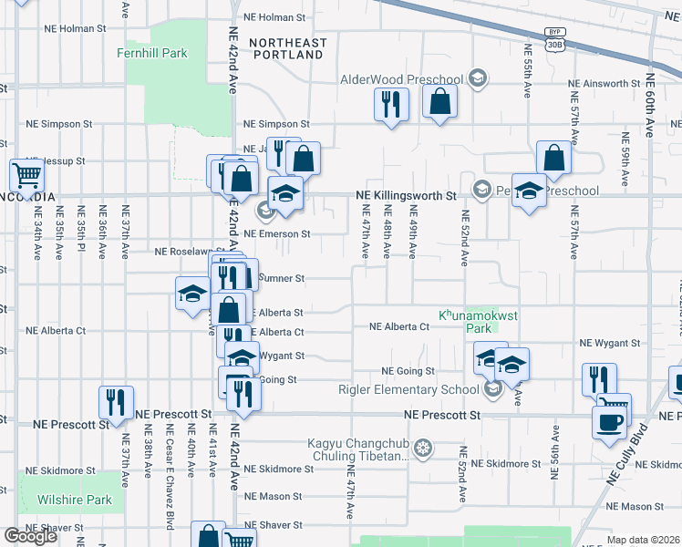 map of restaurants, bars, coffee shops, grocery stores, and more near 4558 Northeast Sumner Street in Portland