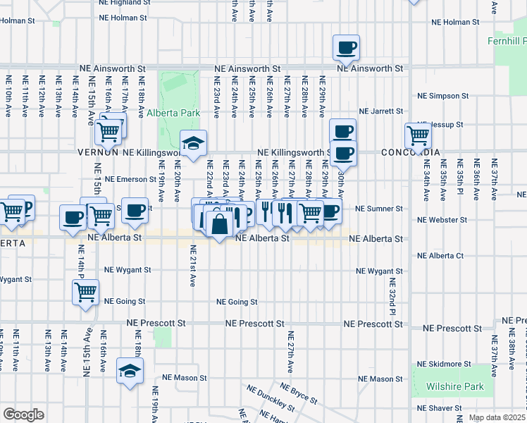 map of restaurants, bars, coffee shops, grocery stores, and more near 5035 Northeast 25th Avenue in Portland