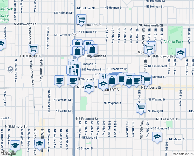 map of restaurants, bars, coffee shops, grocery stores, and more near 5025 Northeast 8th Avenue in Portland