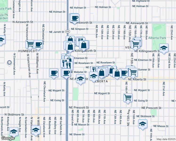 map of restaurants, bars, coffee shops, grocery stores, and more near 5025 Northeast 8th Avenue in Portland
