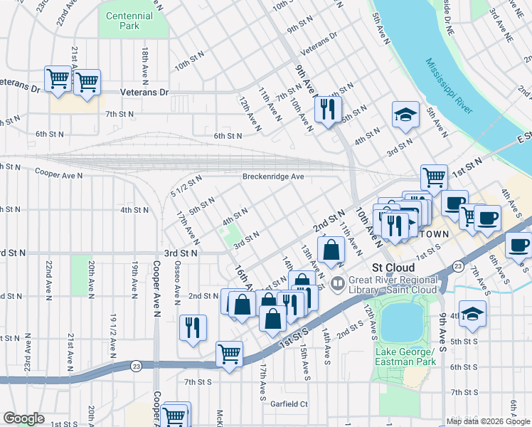 map of restaurants, bars, coffee shops, grocery stores, and more near 1409 3rd Street North in St. Cloud