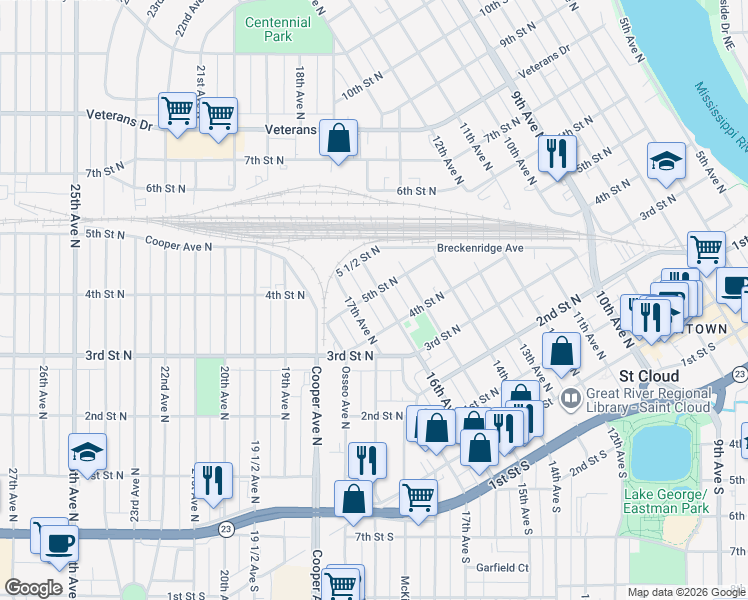 map of restaurants, bars, coffee shops, grocery stores, and more near 405 16th Avenue North in St. Cloud