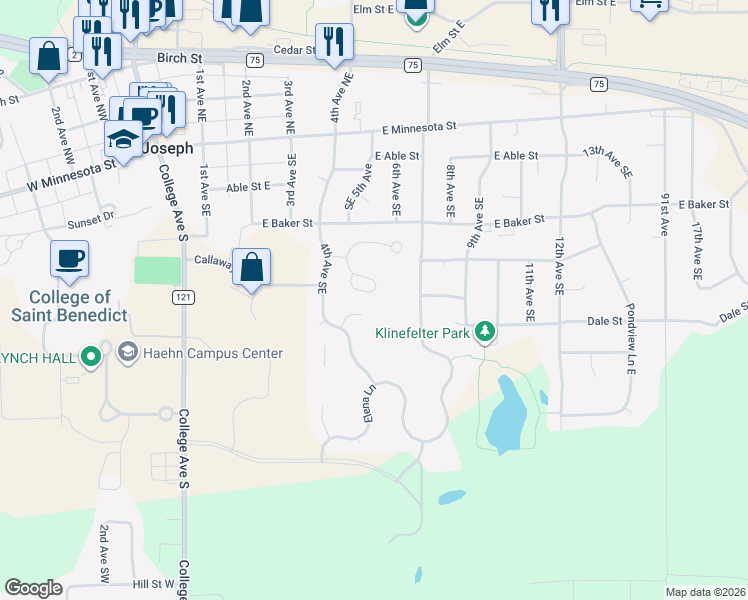 map of restaurants, bars, coffee shops, grocery stores, and more near 329 7th Avenue Southeast in Saint Joseph