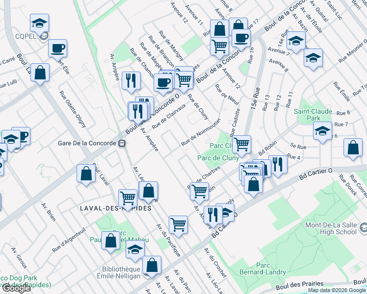 map of restaurants, bars, coffee shops, grocery stores, and more near 360 Rue de Noirmoutier in Laval