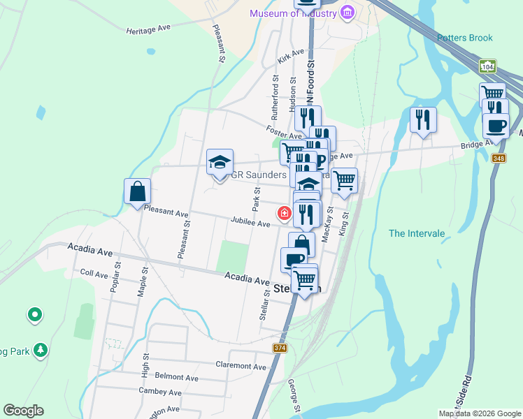 map of restaurants, bars, coffee shops, grocery stores, and more near 103 Park Street in Stellarton