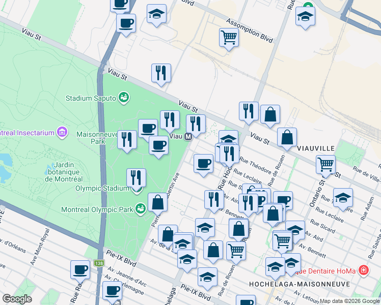 map of restaurants, bars, coffee shops, grocery stores, and more near 2696 Rue Leclaire in Montrã©Al
