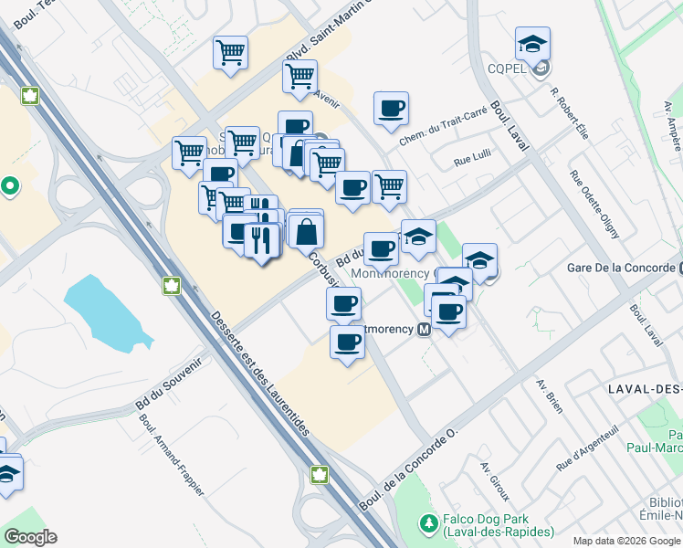 map of restaurants, bars, coffee shops, grocery stores, and more near 1465 Boulevard le Corbusier in Laval