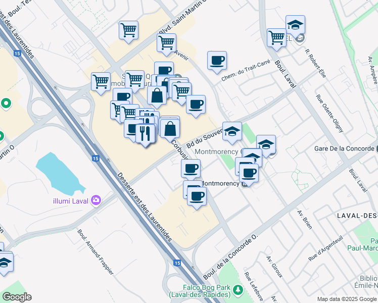 map of restaurants, bars, coffee shops, grocery stores, and more near 1465 Boulevard le Corbusier in Laval