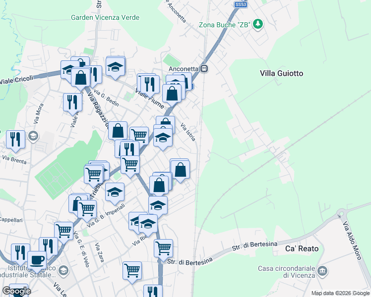 map of restaurants, bars, coffee shops, grocery stores, and more near 5 Via Antonio Sandri in Vicenza