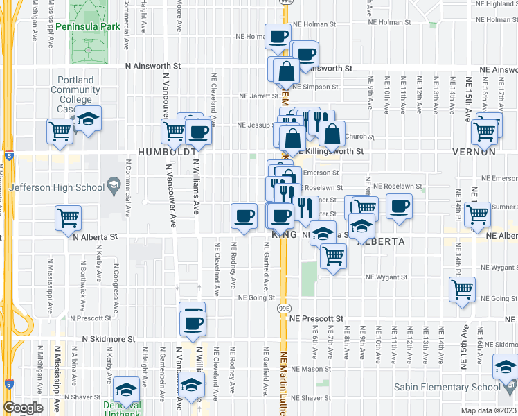 map of restaurants, bars, coffee shops, grocery stores, and more near 5125 Northeast Garfield Avenue in Portland