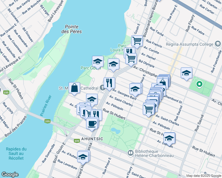 map of restaurants, bars, coffee shops, grocery stores, and more near 10684 Avenue Georges Baril in Montreal