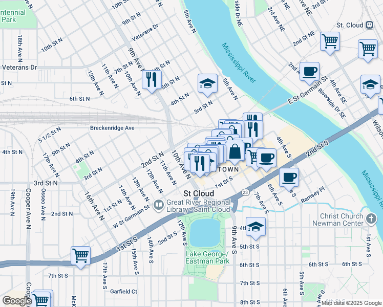 map of restaurants, bars, coffee shops, grocery stores, and more near 198 9th Avenue North in Saint Cloud