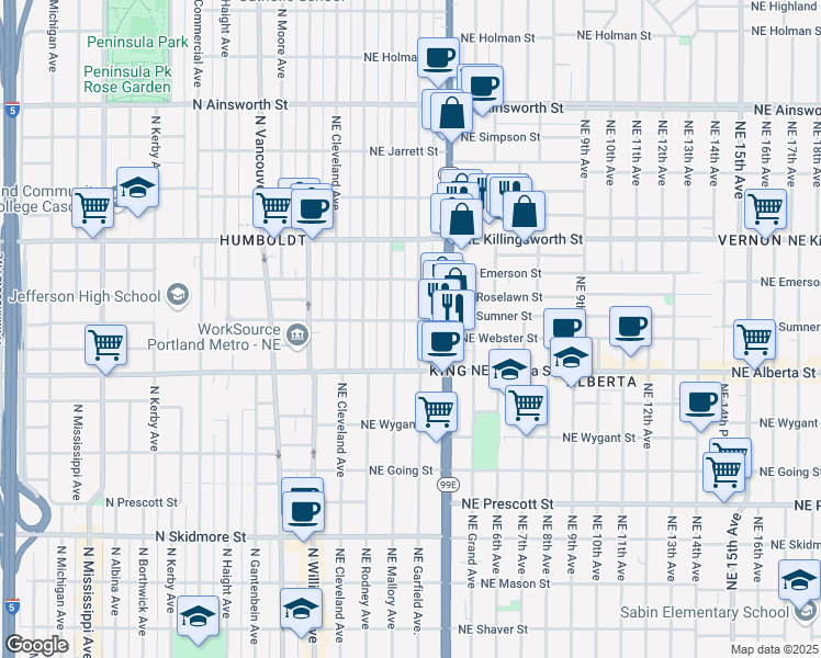 map of restaurants, bars, coffee shops, grocery stores, and more near 5125 Northeast Garfield Avenue in Portland