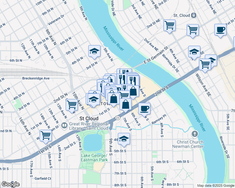 map of restaurants, bars, coffee shops, grocery stores, and more near 523 West Saint Germain Street in St. Cloud