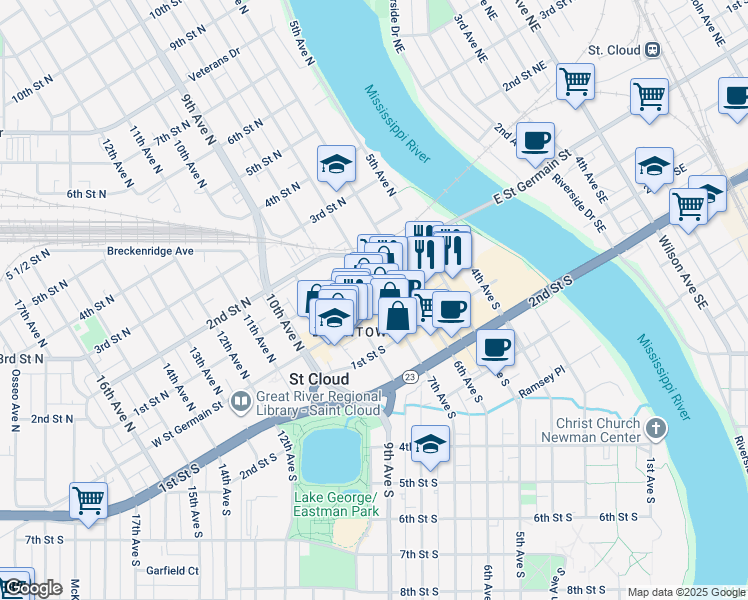 map of restaurants, bars, coffee shops, grocery stores, and more near 26 7th Avenue North in St. Cloud