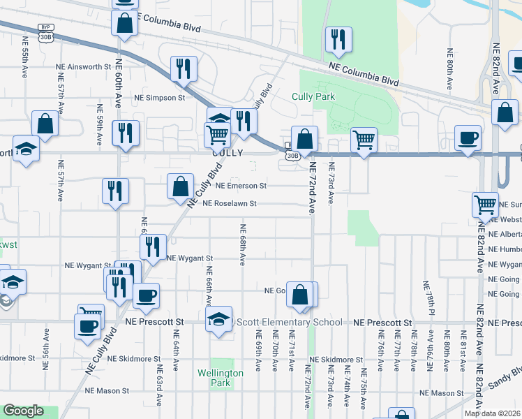 map of restaurants, bars, coffee shops, grocery stores, and more near 6850 Northeast Emerson Street in Portland