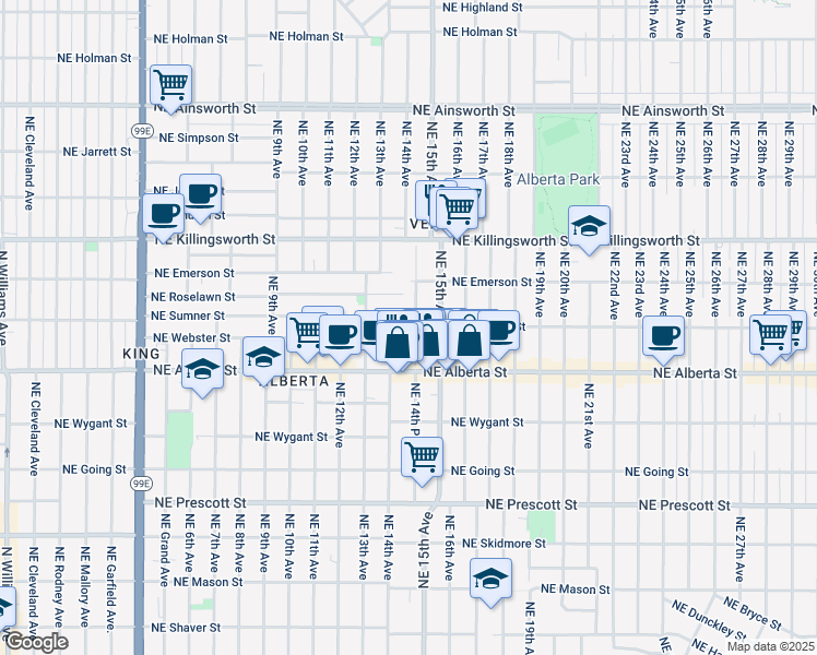 map of restaurants, bars, coffee shops, grocery stores, and more near 5244 Northeast 14th Place in Portland