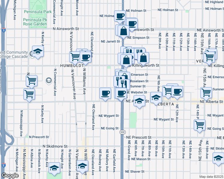 map of restaurants, bars, coffee shops, grocery stores, and more near 5232 Northeast Garfield Avenue in Portland