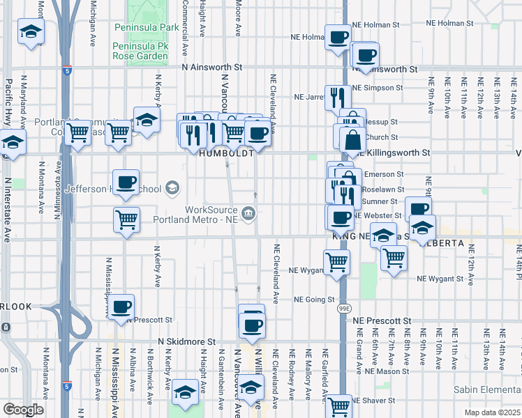 map of restaurants, bars, coffee shops, grocery stores, and more near 5205 North Vancouver Avenue in Portland