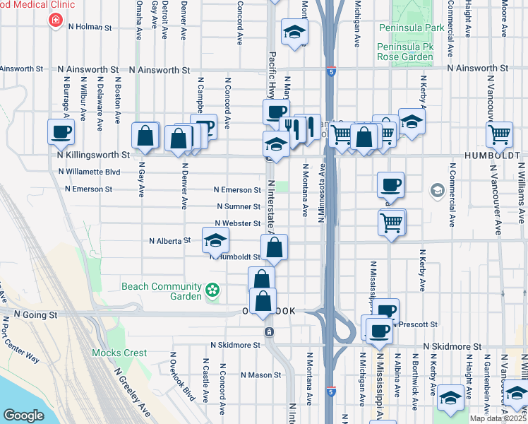 map of restaurants, bars, coffee shops, grocery stores, and more near in Portland
