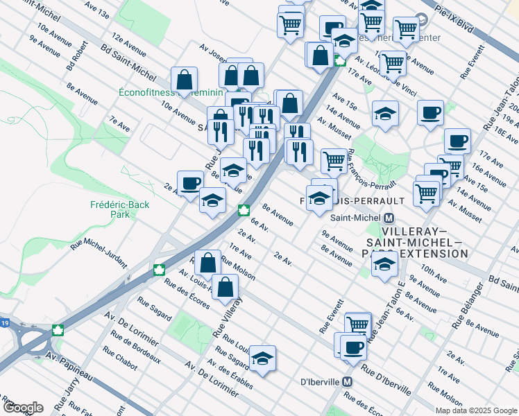 map of restaurants, bars, coffee shops, grocery stores, and more near 7682 8e Avenue in Montréal