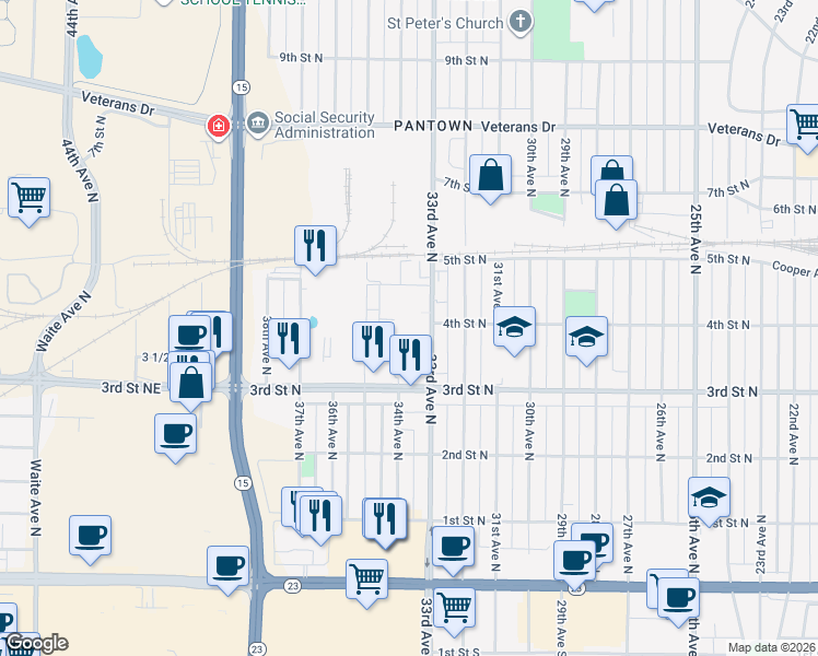 map of restaurants, bars, coffee shops, grocery stores, and more near 405 33rd Avenue North in St. Cloud