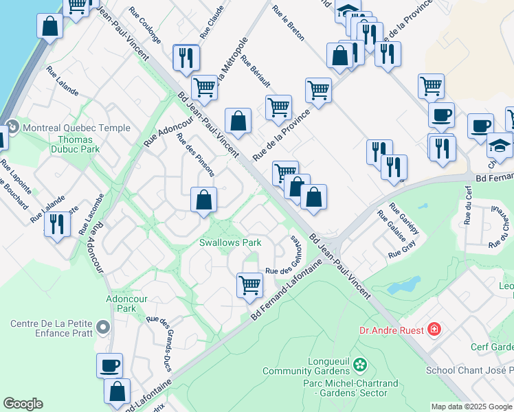 map of restaurants, bars, coffee shops, grocery stores, and more near Rue des Colibris in Longueuil