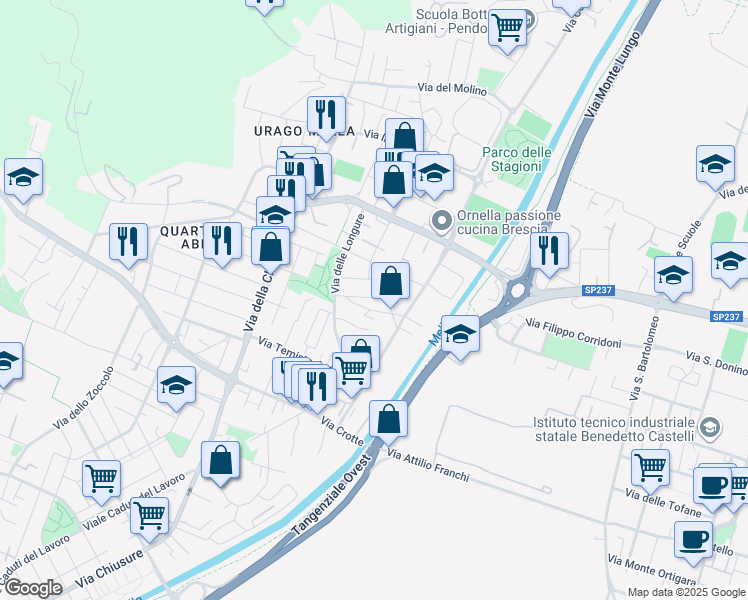 map of restaurants, bars, coffee shops, grocery stores, and more near 3 Via Gaetano Fornasini in Brescia