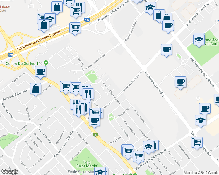 map of restaurants, bars, coffee shops, grocery stores, and more near 2095 Avenue Albert-Murphy in Laval
