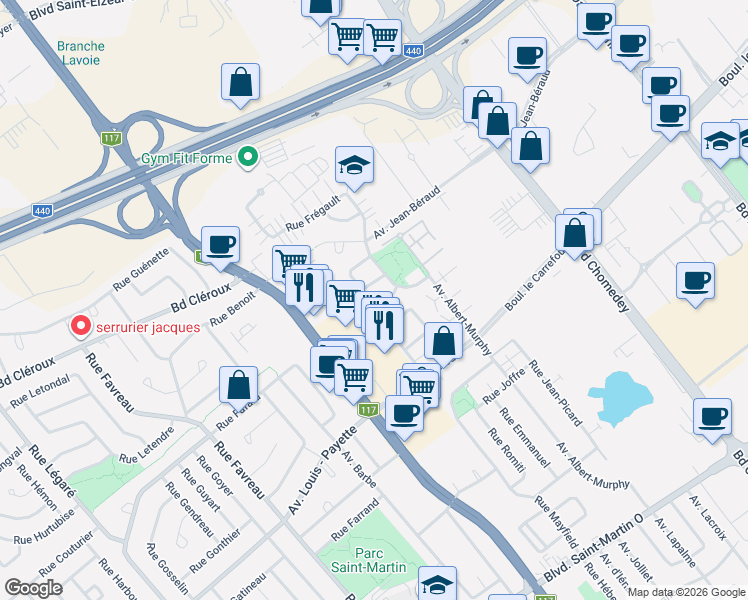 map of restaurants, bars, coffee shops, grocery stores, and more near 2326 Rue Beauregard in Laval