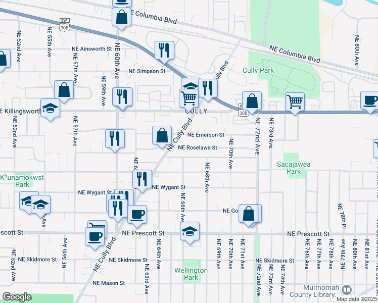 map of restaurants, bars, coffee shops, grocery stores, and more near 6604 Northeast Emerson Street in Portland