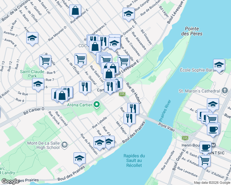 map of restaurants, bars, coffee shops, grocery stores, and more near 44 Boulevard des Laurentides in Laval