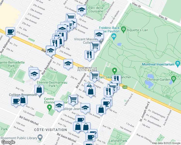 map of restaurants, bars, coffee shops, grocery stores, and more near 5728 Boulevard Pie-IX in Montréal