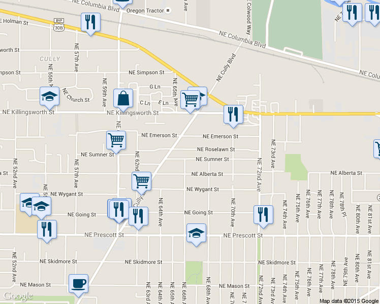 map of restaurants, bars, coffee shops, grocery stores, and more near 6604 Northeast Emerson Street in Portland