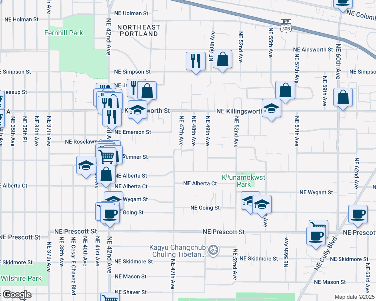 map of restaurants, bars, coffee shops, grocery stores, and more near 4825 Northeast Roselawn Street in Portland