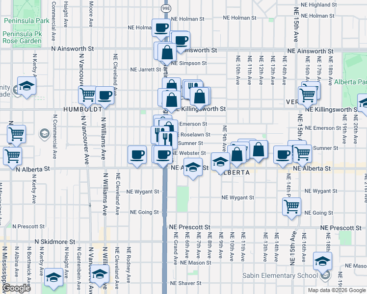 map of restaurants, bars, coffee shops, grocery stores, and more near 604 Northeast Roselawn Street in Portland