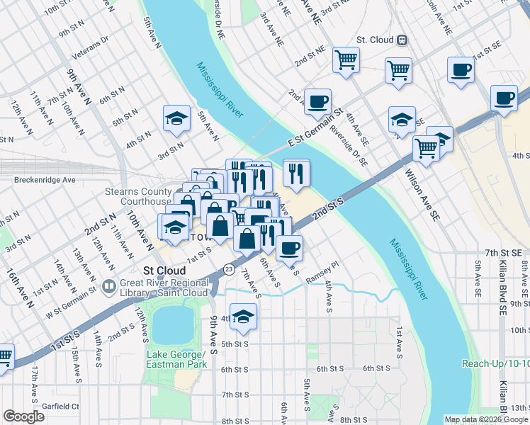map of restaurants, bars, coffee shops, grocery stores, and more near 30 5th Avenue South in Saint Cloud