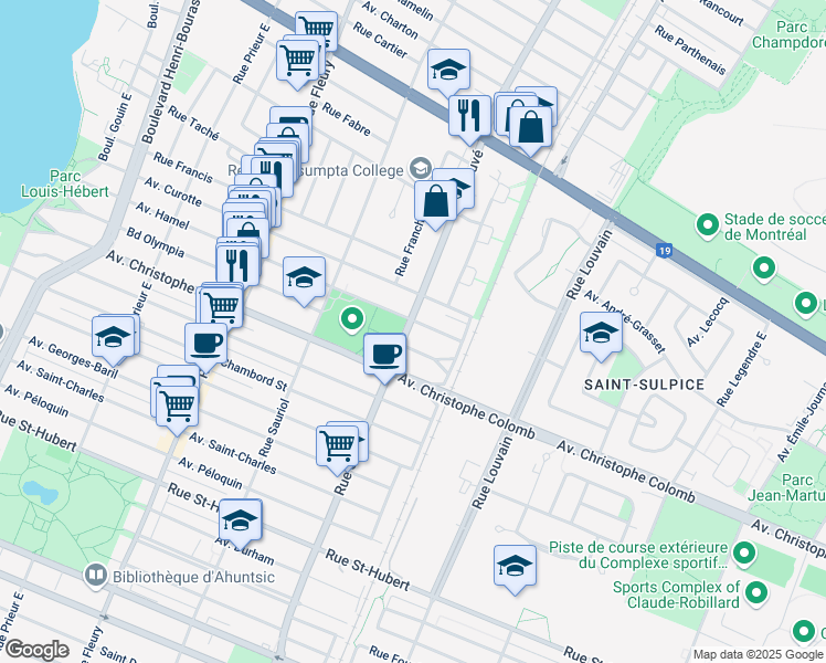 map of restaurants, bars, coffee shops, grocery stores, and more near 1486 Rue Sauvé Est in Montréal