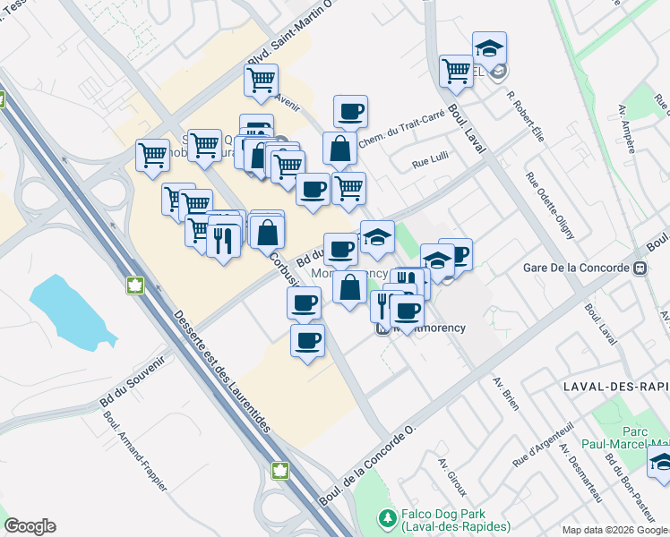 map of restaurants, bars, coffee shops, grocery stores, and more near 1440 Rue Lucien-Paiement in Laval