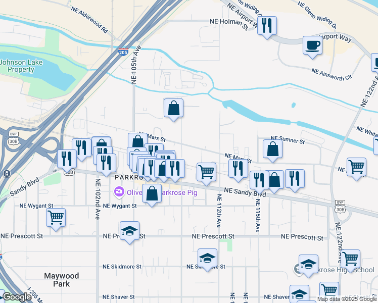 map of restaurants, bars, coffee shops, grocery stores, and more near 11005 Northeast Marx Street in Portland