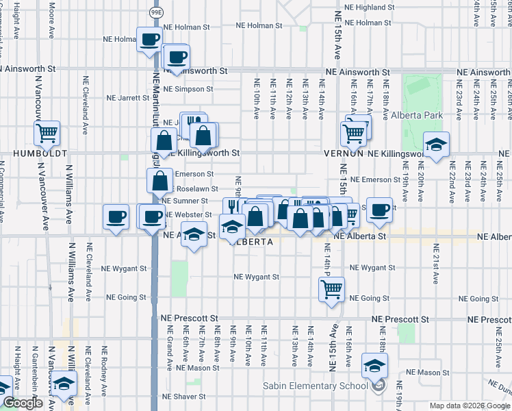 map of restaurants, bars, coffee shops, grocery stores, and more near 1020 Northeast Sumner Street in Portland